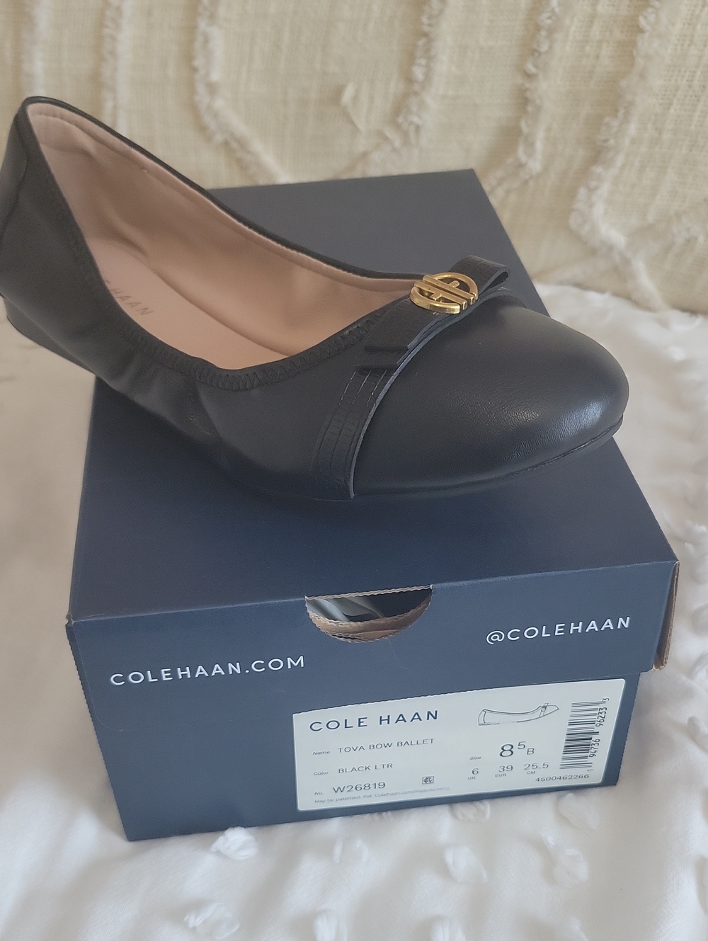 Cole Haan Black Tova Bow Leather Ballet Flat with Gold Accent